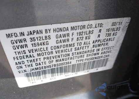 2011 Honda Fit Sport from USA, damaged, VIN JHMGE8H57BS002364